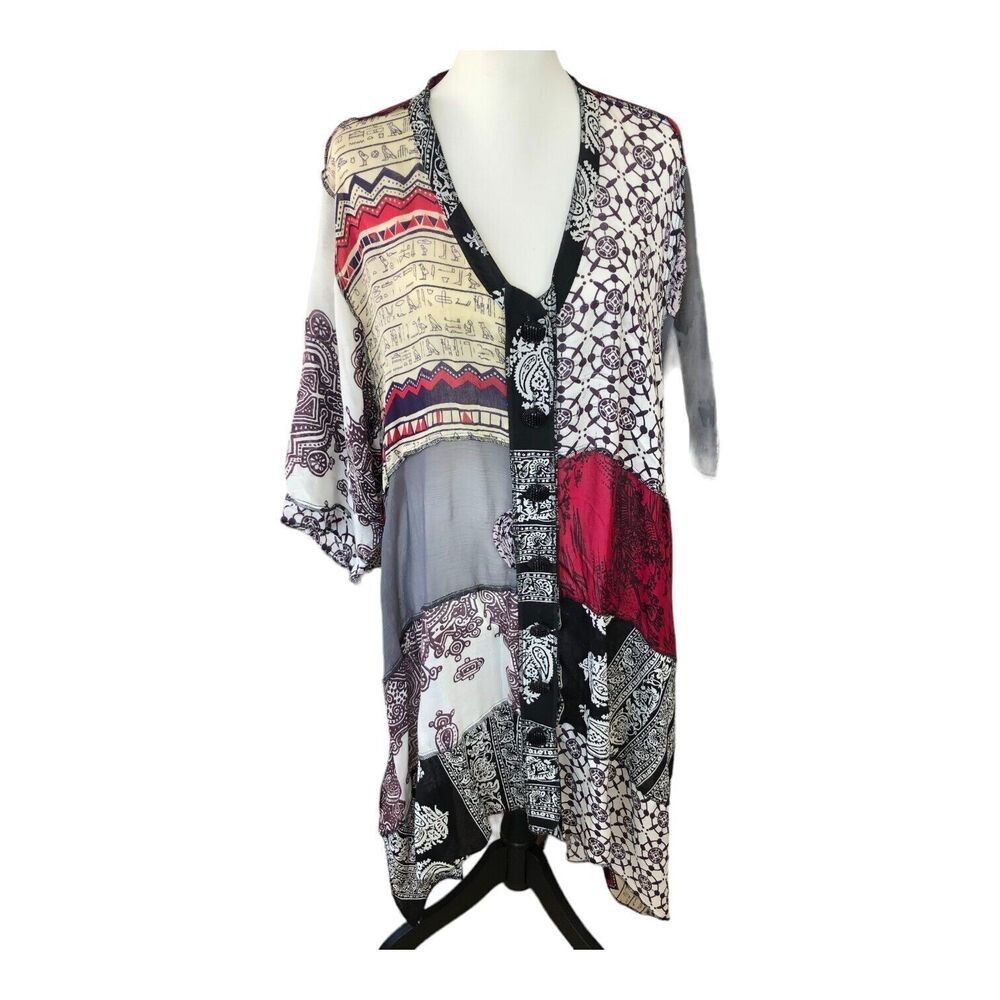 Paco Soler Patchwork Boho Chic Artsy Long Line Assymetric Duster Kimono One‎ Sz